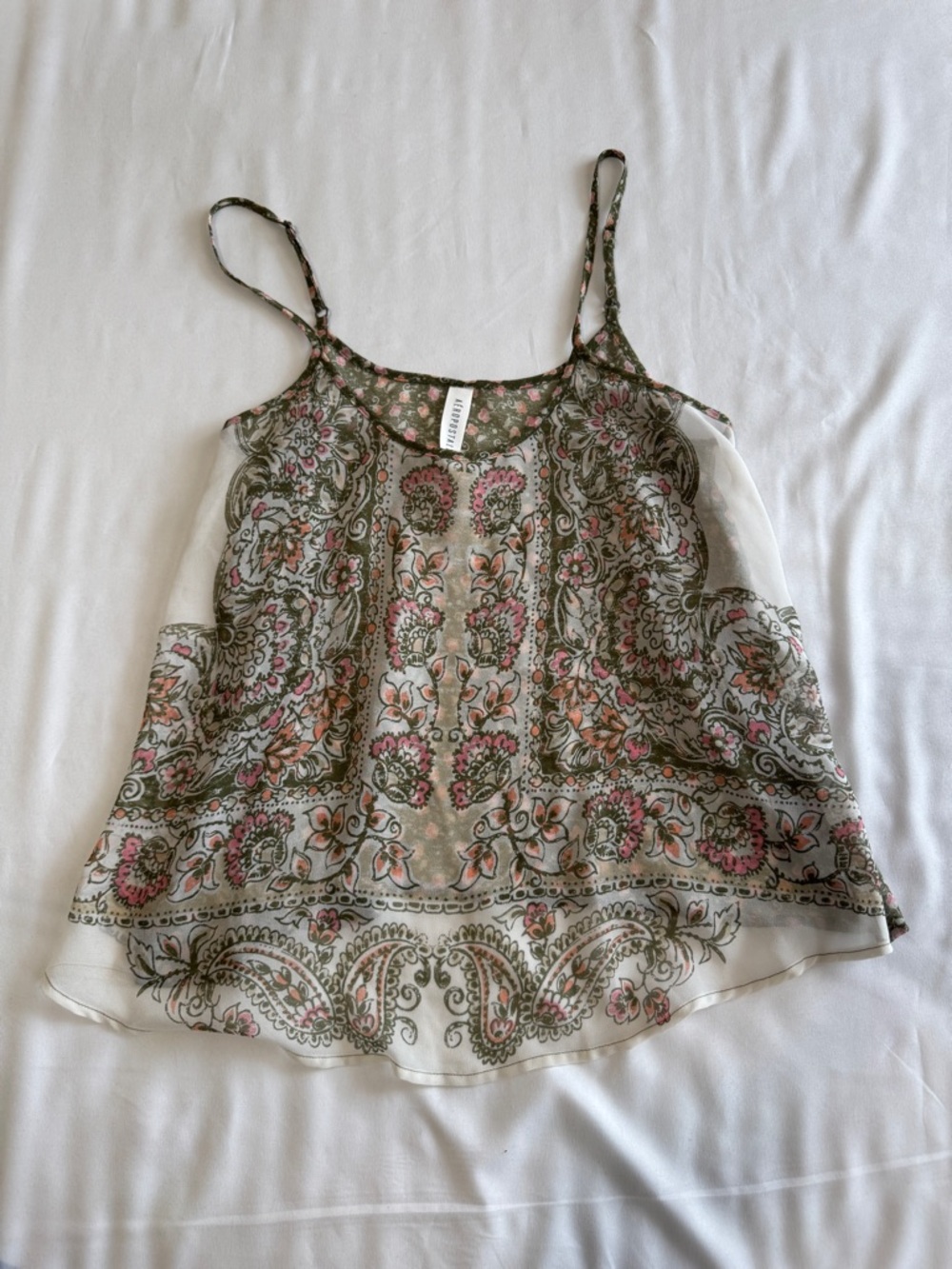 Aeropostale Olive Paisley Sheer Camisole with Pink Accents and Adjustable Straps